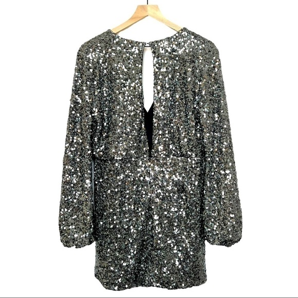 NWT O.P.T. 70s Silver Sequin Puffed Long Sleeve Faux Wrap Studio 54 Mini Dress L - Picture 4 of 7